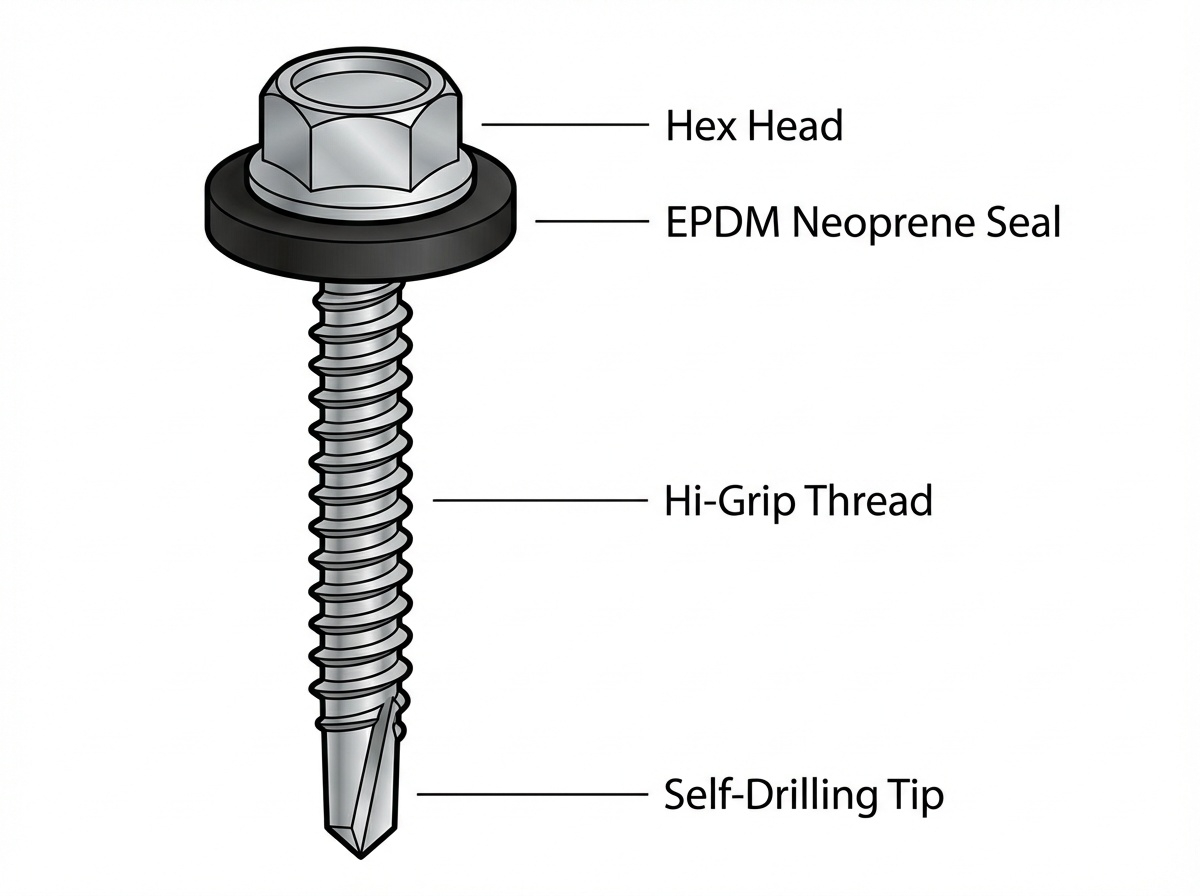 Labelled diagram of a roofing screw: hex head, EPDM washer, hi-grip thread, self-drilling tip.