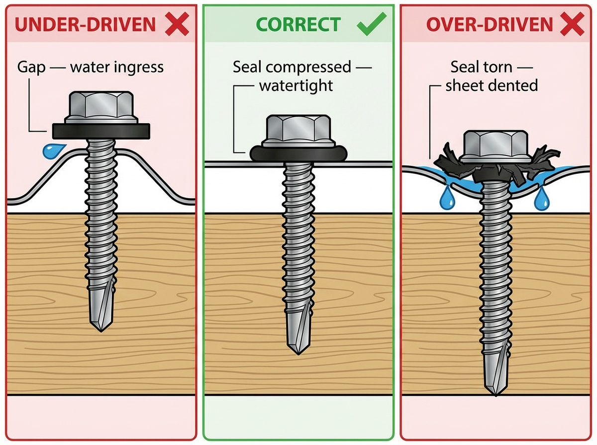 Three-panel diagram: under-driven (leaks), correctly driven (watertight), over-driven (washer torn).