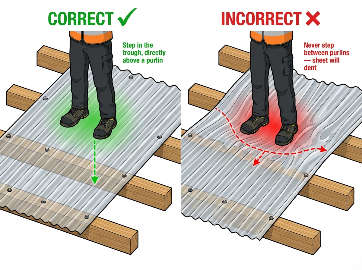 Correct foot placement on a metal roof: step in the trough directly above a purlin.
